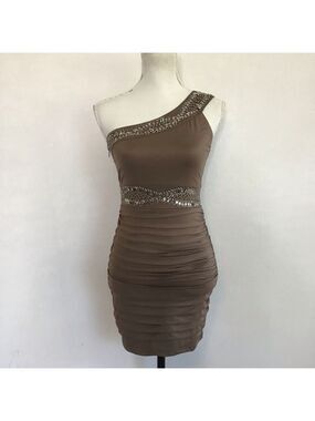 NIKIBIKI Women Elegant One Shoulder Special Event Dress S Brown Silver